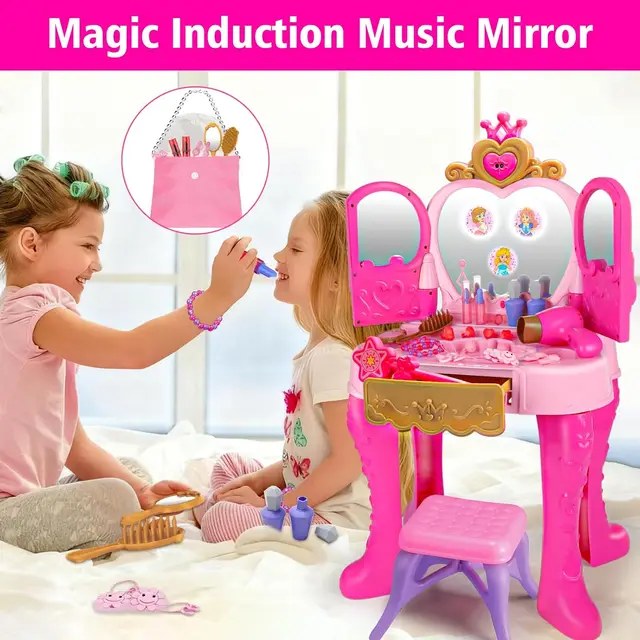 Magic Makeup Vanity Table & Chair Set for Girls with Light & Music, Pretend Play Toy
