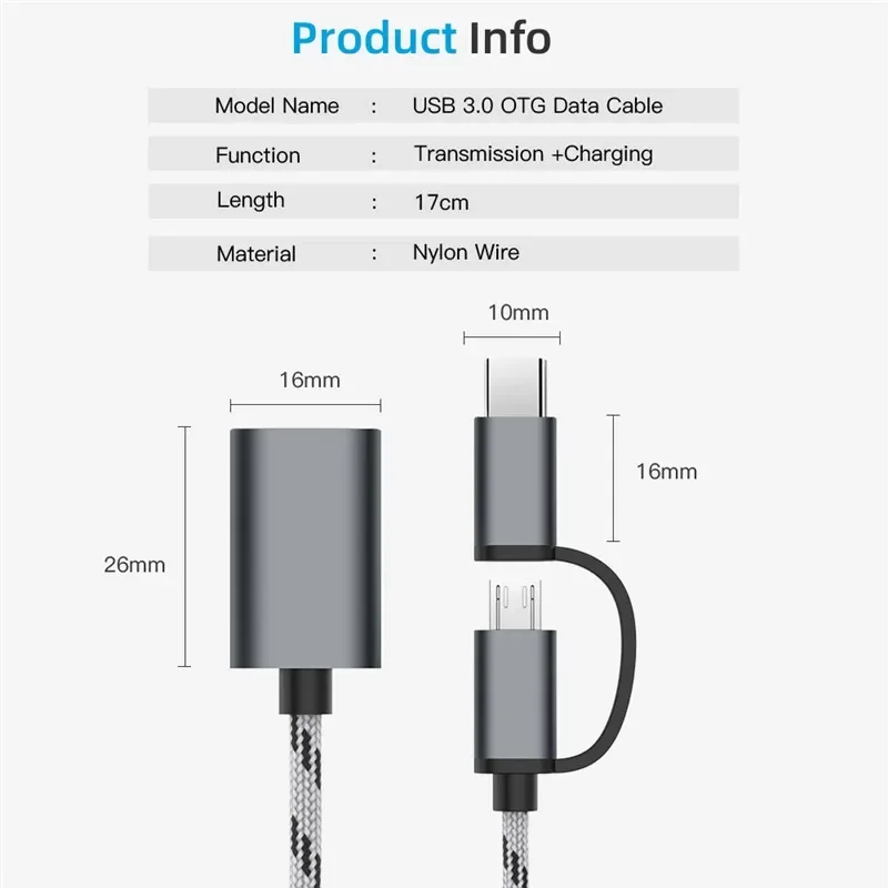 USB 3.0 OTG 어댑터 C타입 마이크로 USB to USB 3.0 어댑터, 나일론 브레이드 케이블 OTG 컨버터, 화웨이용 게임패드 플래시 디스크용, 2 인 1