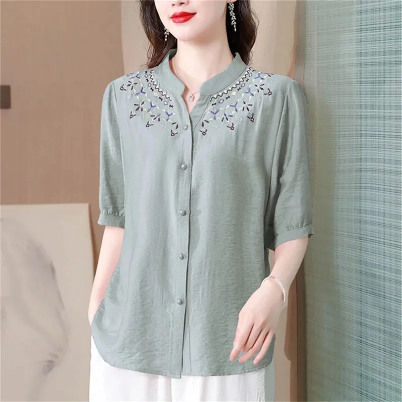 Fashion Large Embroidered Cotton Hemp Top Women's Short Sleeve Summer T-Shirt Female Fashiona Shirt Loose Sky Silk Shirt Button