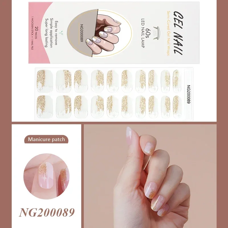 20Tips Jelly Pink Fluorescent UV Semi-Cured Gel Nail Patch Pearl Gradient Nude Adhesive Slider Long Lasting Nail Art Stickers