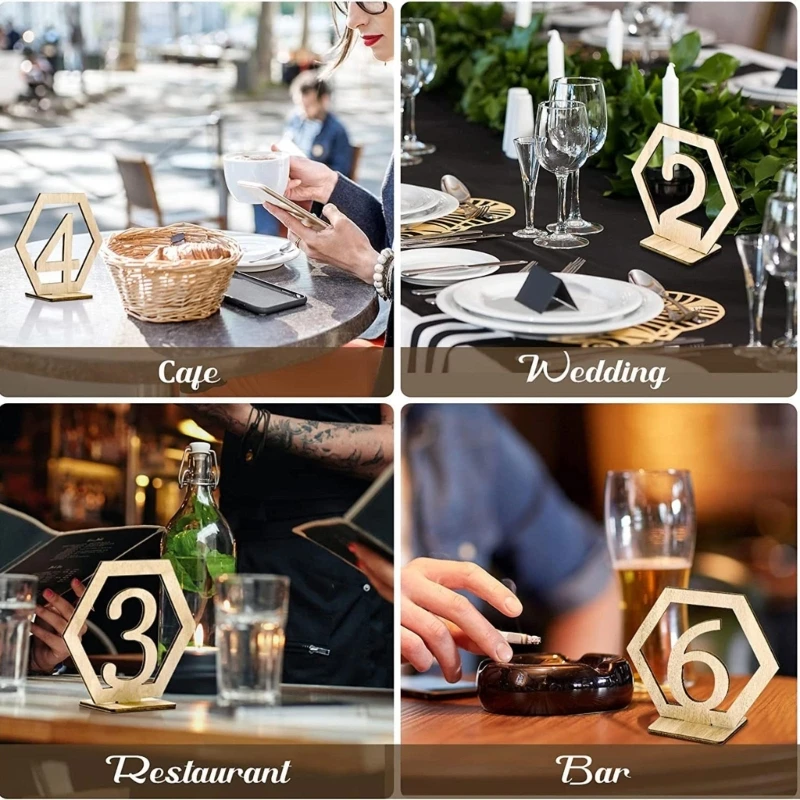 10pcs/set Hexagon Wood Table Number Sign Decorative Ornament Crafts for Wedding Birthday Holiday New Year Decoration