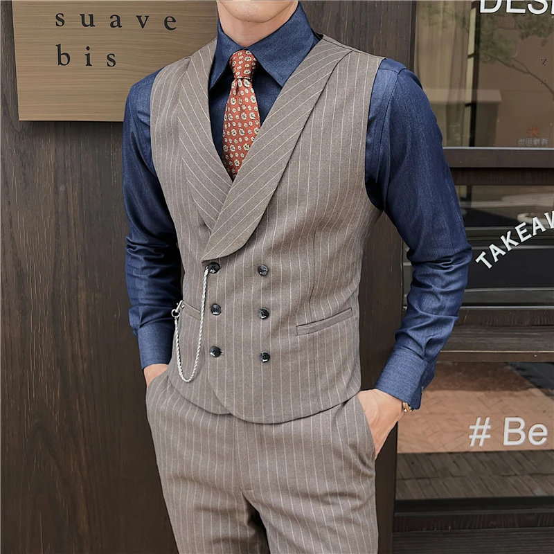 4XL Men's Casual Stripe Suit Vest Slim Fitting British Retro Double Breasted Vest Jacket Male Waistcoat for Wedding Party Dinner