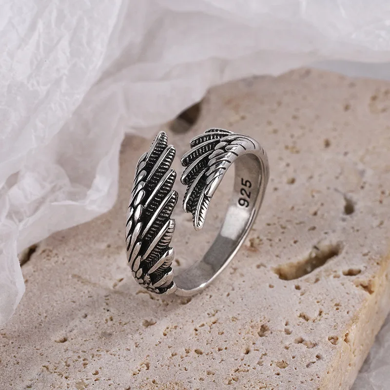 925 Sterling Silver Angel Wings Feather Thai Silver Open Rings For Women Girl Female
