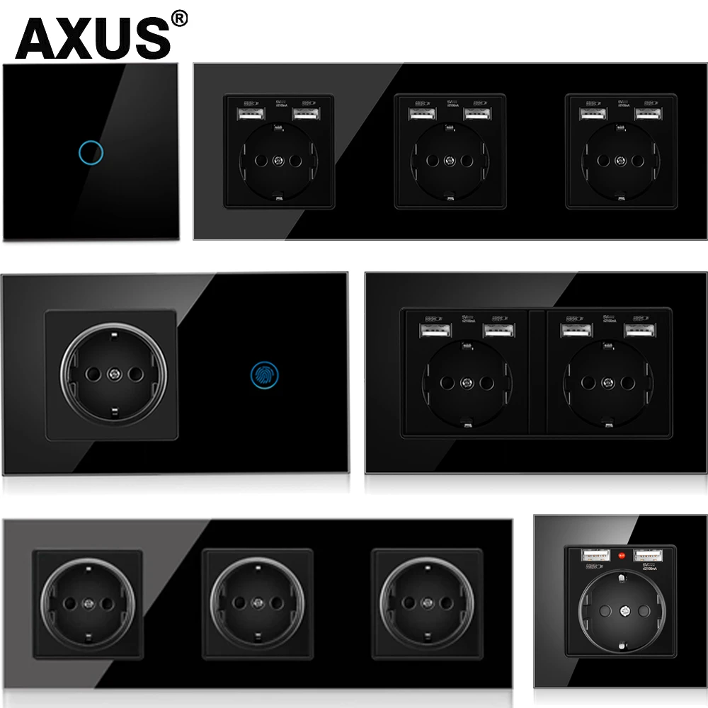 Axus Touch Light Switch With Eu Usb Wall Sockets Black Glass Sensor