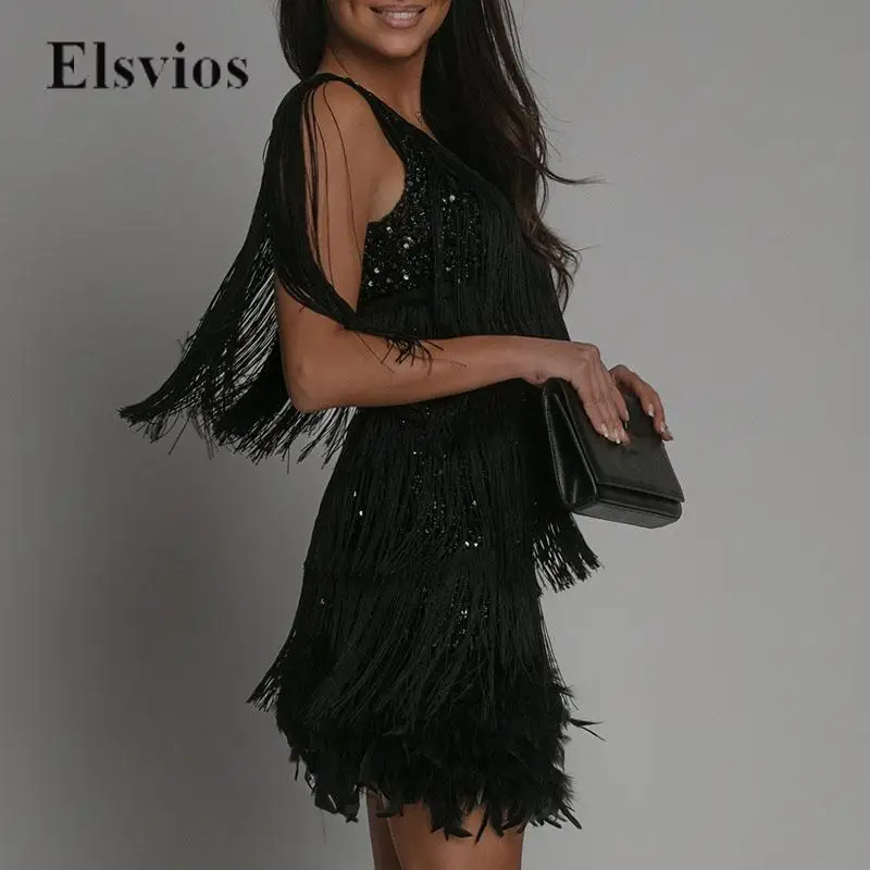 

Fashion Patchwork Feather Sequin Dress Sexy Double V Neck Backless Tassel Mini Dress Elegant Women Sleeveless Slim Party Dresses
