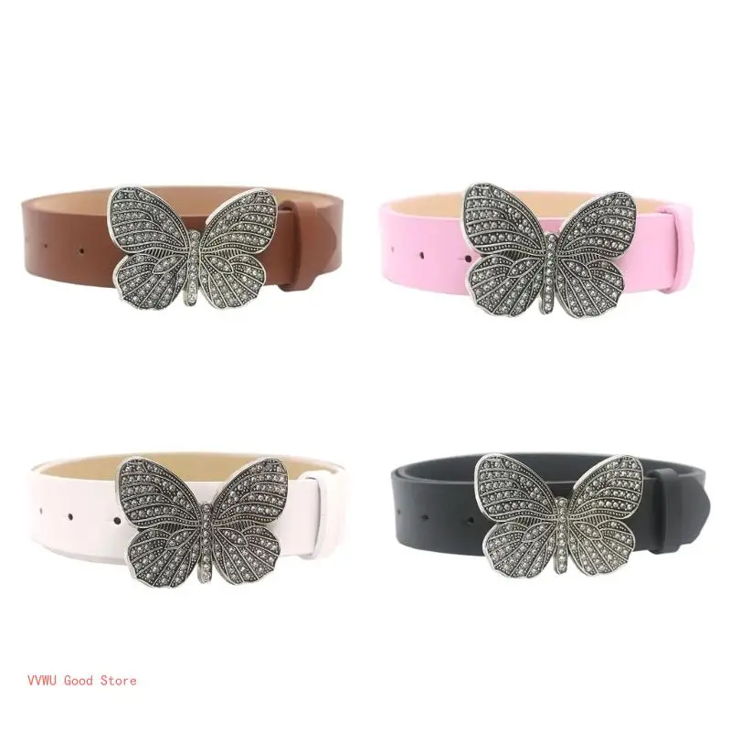 

PU Waist Belt with Diamond Butterfly Buckle for Fashion Enthusiasts Jeans Skirt