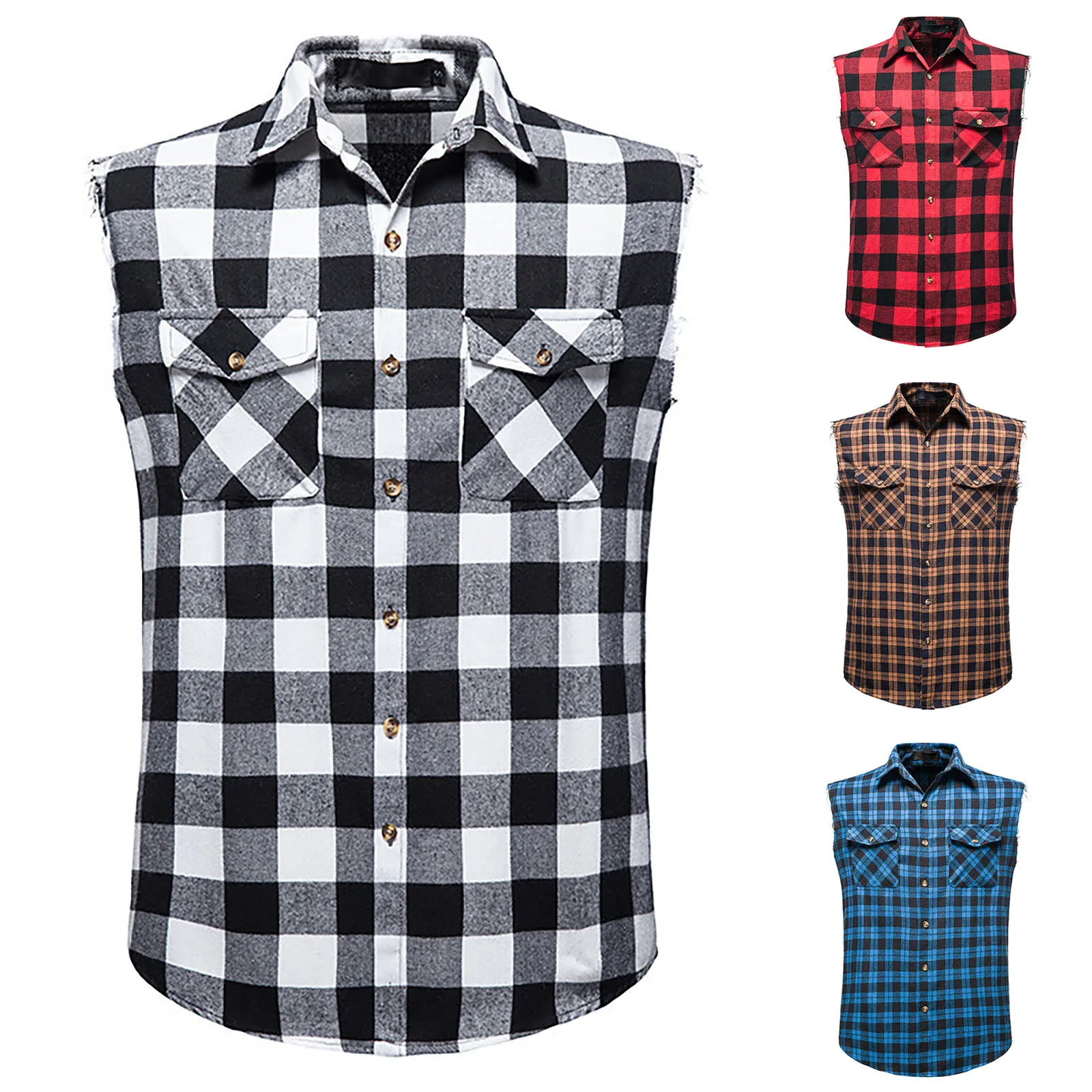 55331-a40af0.jpg Summer Men's Sleeveless Loose Turn-down Collar Vest Shirts Casual Single-breasted Plaid Printed Shirt Plus Size Tank Tops#g3 - Image 1