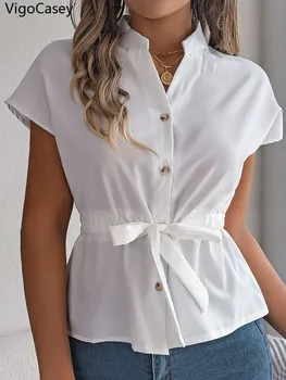 VigoCasey 2026 Female Casual Short Sleeve Chiffon Shirt Women Single Breasted Top Summer Office Lady Drawstring  Tops Clothes 1