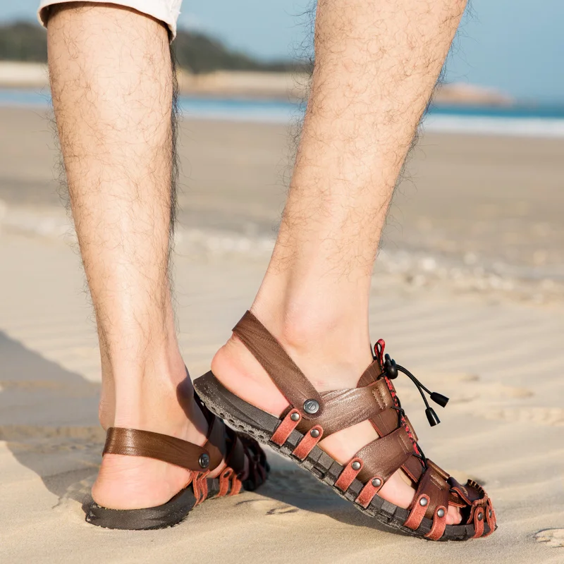 Man Casual Closed Toe Sandaler Läder Herr Promenader Utomhus Sandaler Sommar Strandskor Bekväma halkfria_voghion.com