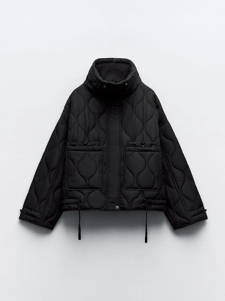 

Autumn Winter Stand Collar Loose Hooded Parka Casual Lace up Cotton Padded Jacket Coat Zipper Long Sleeve Warm Outerwear Top