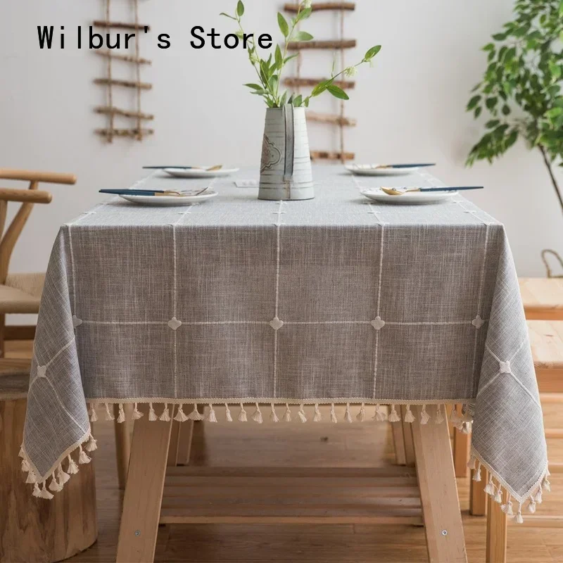 

Grid Pattern Tablecloth with Tassel Rectangular Dining Table Cover Cotton Linen Coffee Table Decoration Room Decor Aesthetic