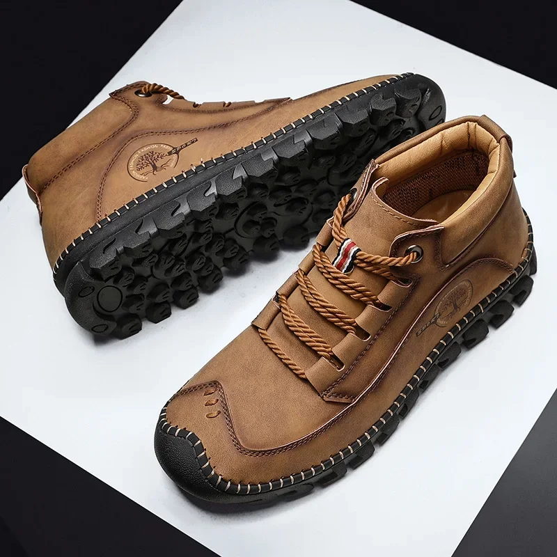 Outdoor Men Casual Men's Ankle Boots British Men Shoes Leather Motorcycle Boots Outdoor Trainers Riding Black