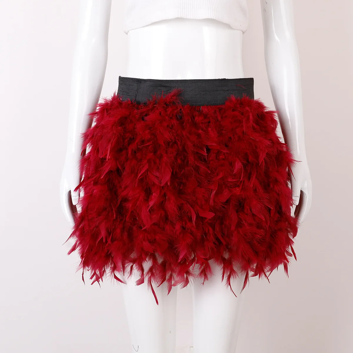 Women Solid Fluffy Feather Mini Skirt Elastic High Waist Short Skirt Halloween Carnival Party Stage Cosplay Costume Club Outfit