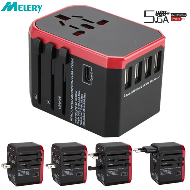 Melery Universal Travel Adapter – 5-Port Smart Wall Charger for 150+ Countries 1