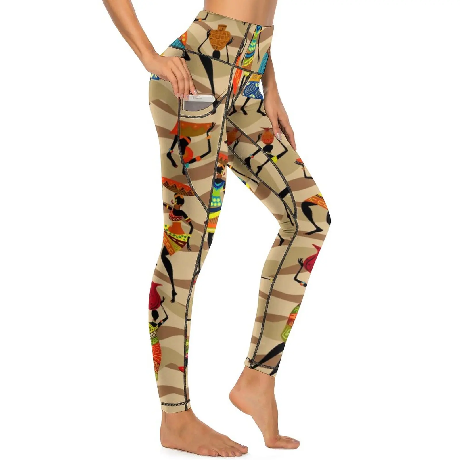 

African Woman Leggings Sexy Tribal Women Print Work Out Yoga Pants High Waist Stretchy Sports Tights Pockets Aesthetic