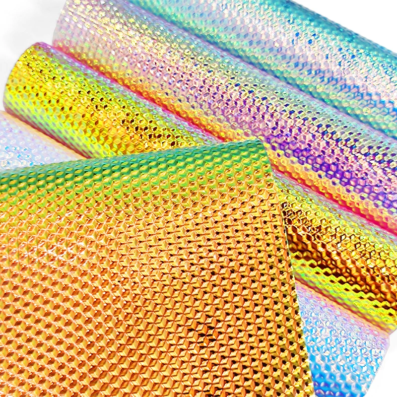 Diamond Bump Embossed PVC Fabric Iridescent Holographic Laser Rainbow Shiny Vinyl for DIY Bow Earring Making Craft Bag 30*135CM