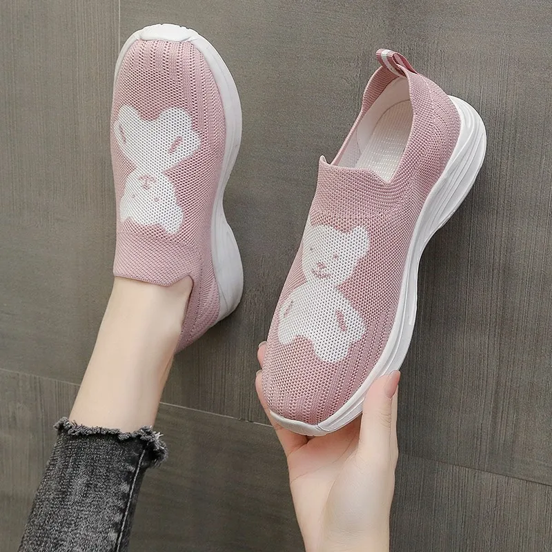 Women Knitted Vulcanized Shoes Platform Sneakers Female New Flat  Breathable LightweightCasual Bear  Zapatillas Mujer