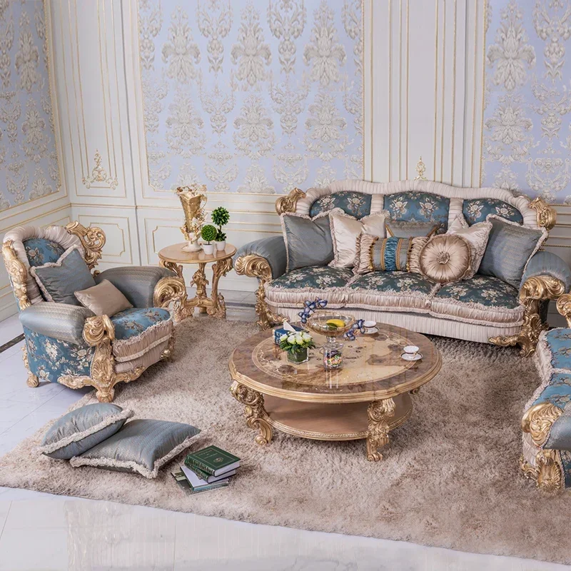 

Court French luxury villa furniture living room champagne gold hand carved embroidery solid wood cloth sofa MD