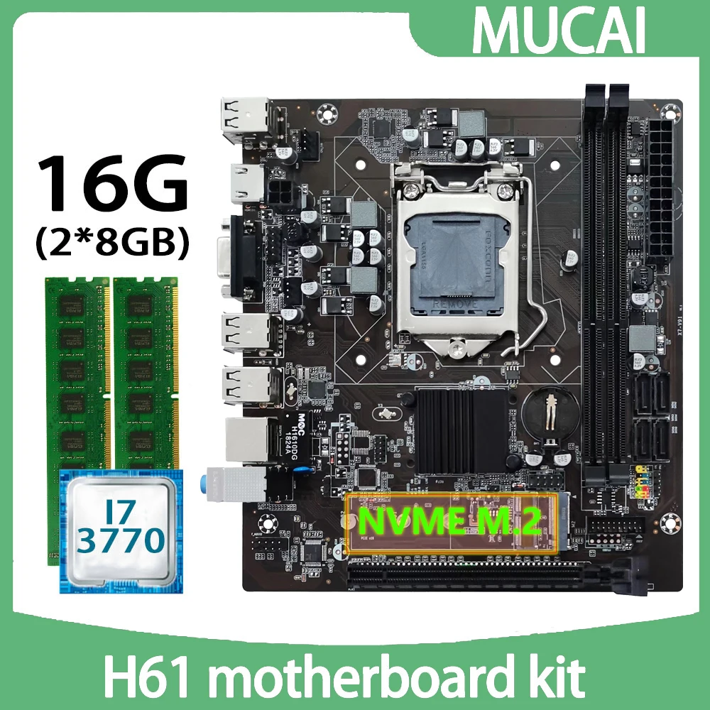Scheda Madre Mucai H61 Ddr3 16Gb(2*8Gb) Memoria Ram 1600Mhz Con Processore Cpu Intel Core I7 3770 E Kit Lga 1155 Set Pc Computer
