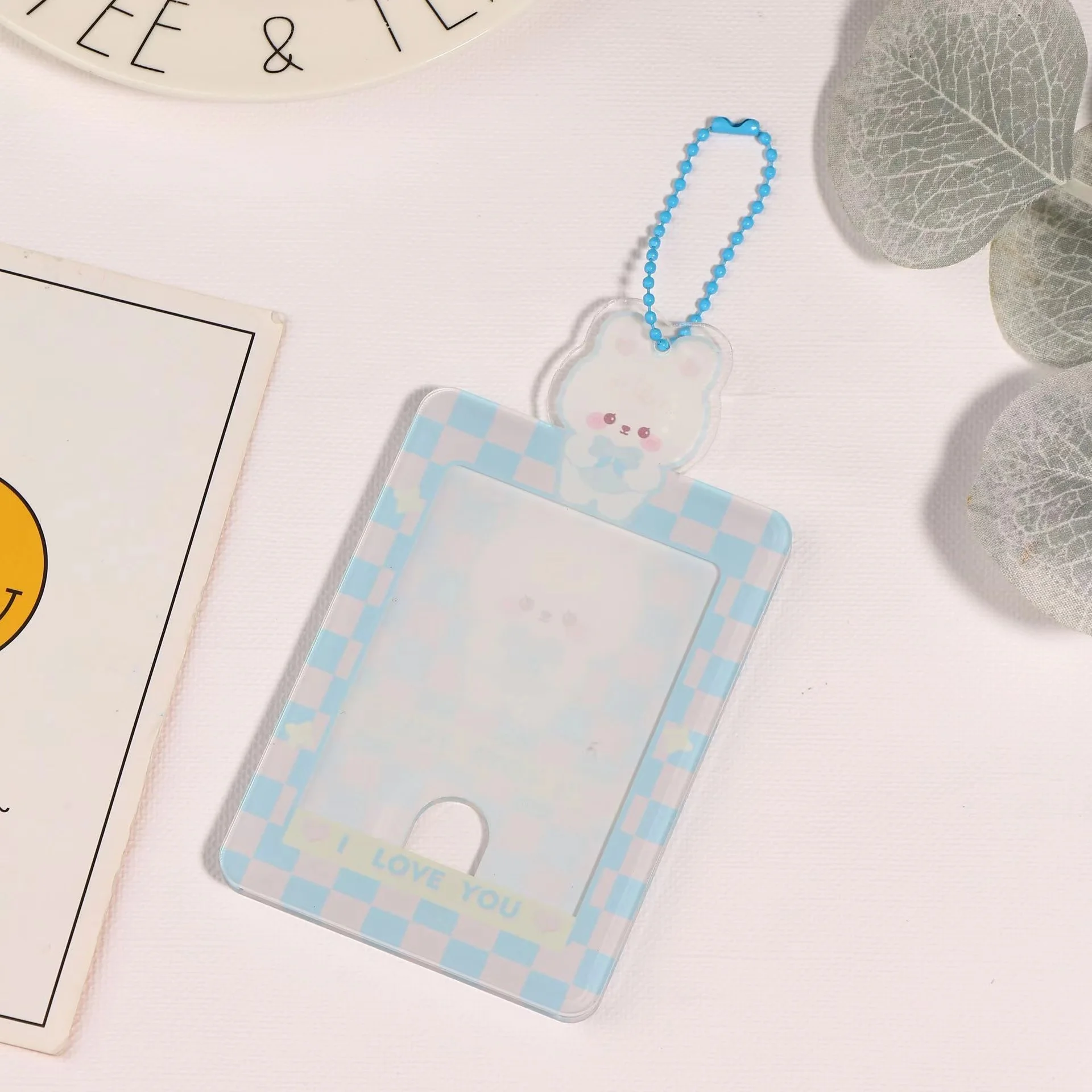 Kawaii checkerboard Bear Acrylic Photocard Holder Postcards Protective Case Photo Sleeves 3 inch Kpop Decoration Bag Pendant