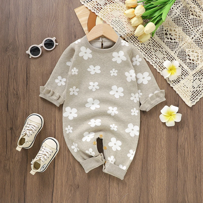 

Baby Girls Floral Rompers Spring Autumn Long Sleeve Knit Newborn One Piece Jumpsuits Playsuits 0-18m Infant Overall Kids Clothes