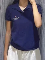 Flag Embroidery Letter Polo T-shirt Women Summer New Buttons Slim Short Sleeve Tee Shirts American Vintage Preppy Style Top Tees - Image 2
