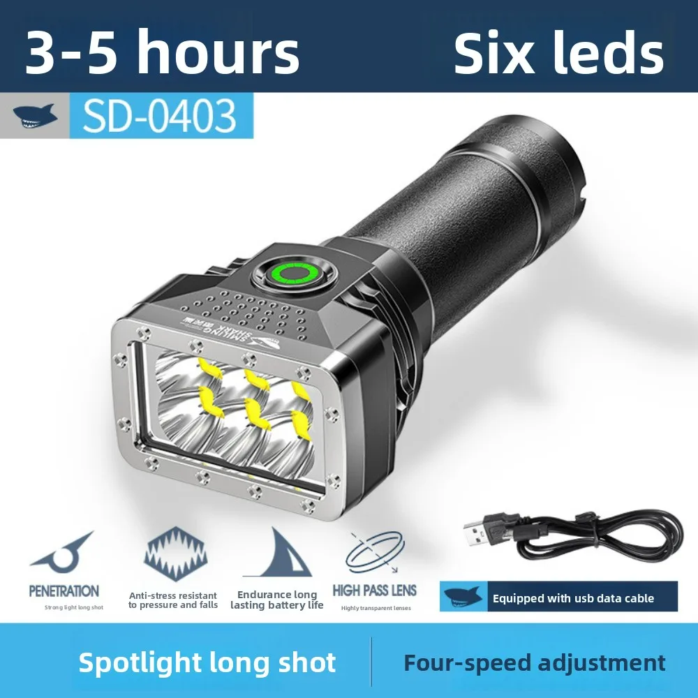 6개의 램프 비드를 갖춘 휴대용 초강력 LED 손전등, 장거리 4단계 조광 모드, 전력 표시, 고루멘 핸드헬드 토치