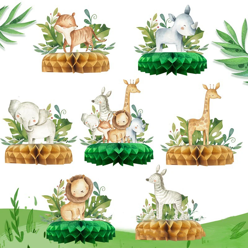 

7Pcs Jungle Animals Honeycomb Decoration Cartoon Elephant Lion Giraffe Table Ornaments Boys Happy Jungle Birthday Party Decor