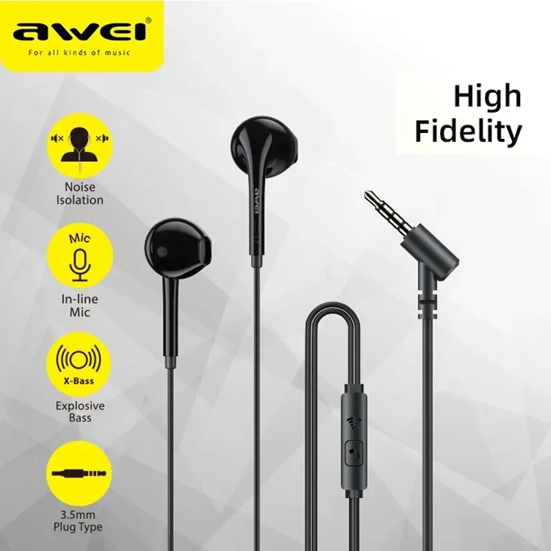  Awei PC-7 3.5mm Wired Headphones In Ear Headset Wired Earphones with Mic Bass Stereo Earbuds Sports In-line Control For Phones 