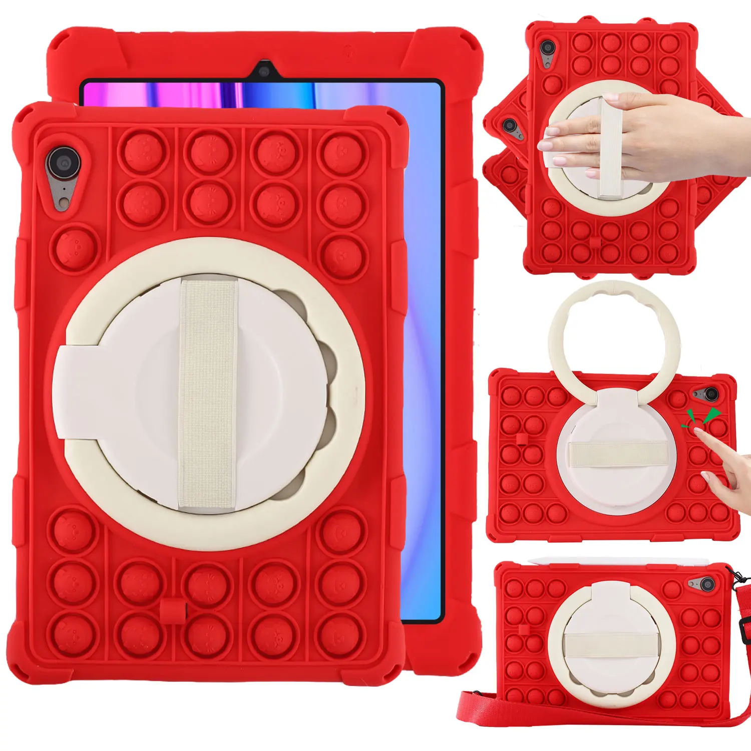 Shockproof Silicone Cartoon Bubble Kids Tablet Case with Shoulder Strap & Stylus Holder