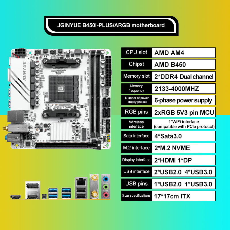 JGINYUE AMD AM4 ITX Motherboard supports Ryzen R3 R5 R7 1/2/3/4/5 series CPU DDR4 RAM Desktop PC PCI-E 3.0 B450I-PLUS ARGB MB
