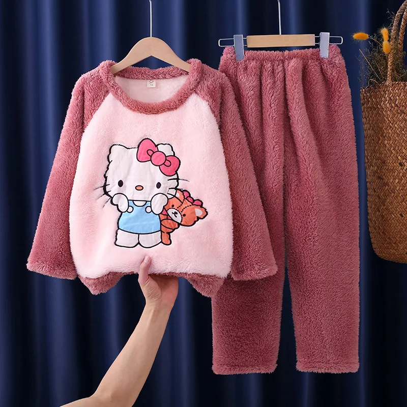 Sanriod Flannel Children's Pajamas Kawaii Hello Kitty Cinnamoroll Kuromi Cute Cartoon Coral Fleece Autumn Winter Thermal Pajamas fashion mens autumn winter plus flannel knitted sweater y2k style zip up cardigan sweater jackets hooded plaid sweaters for men