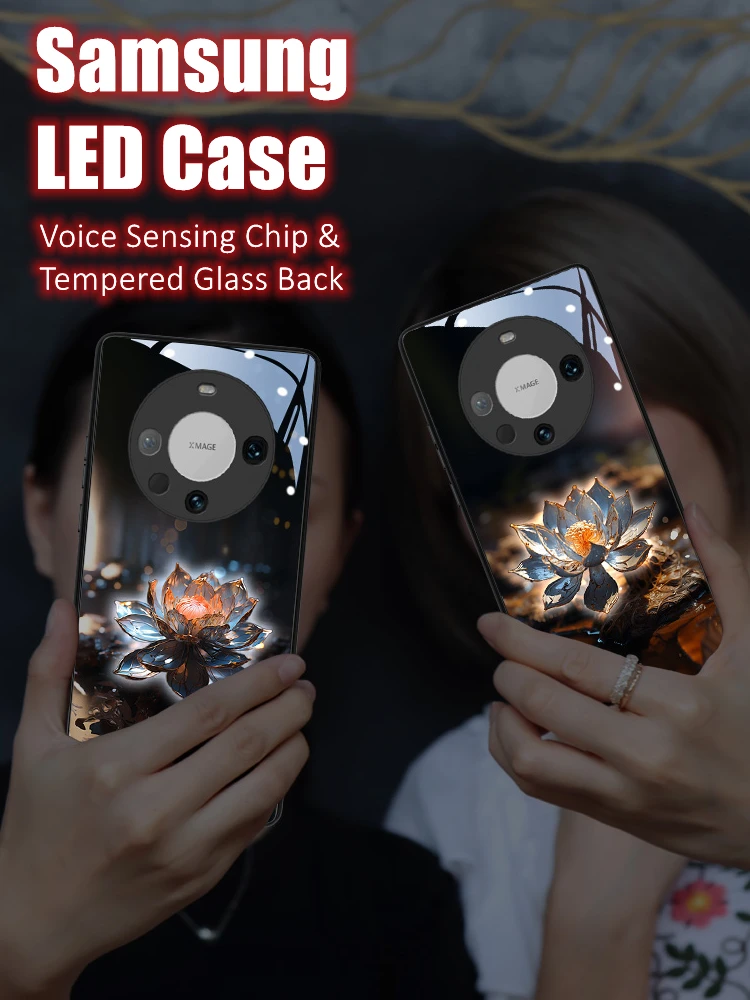 

Black Lotus LED Light Glowing Luminous Tempered Glass Back Phone Case for Samsung S24 S22 S23 Note 10 20 A14 A54 A73 Plus Ultra