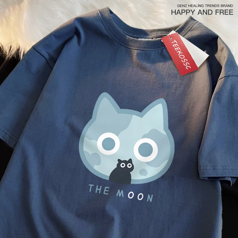 Die mond blaue Katze Spaß japanischen Stil Männer Frauen T-Shirts Baumwolle übergroße Kurzarmhemd lose T-Shirt atmungsaktive lässige Tops