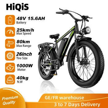 Bicicletta Elettrica HiQiS F26 con Pneumatici Fuoristrada da 26 Pollici, Batteria Grande da 48V 15.6AH, Autonomia Massima di 80KM, Potente Motore da 1000W, 3 Modalità di Guida