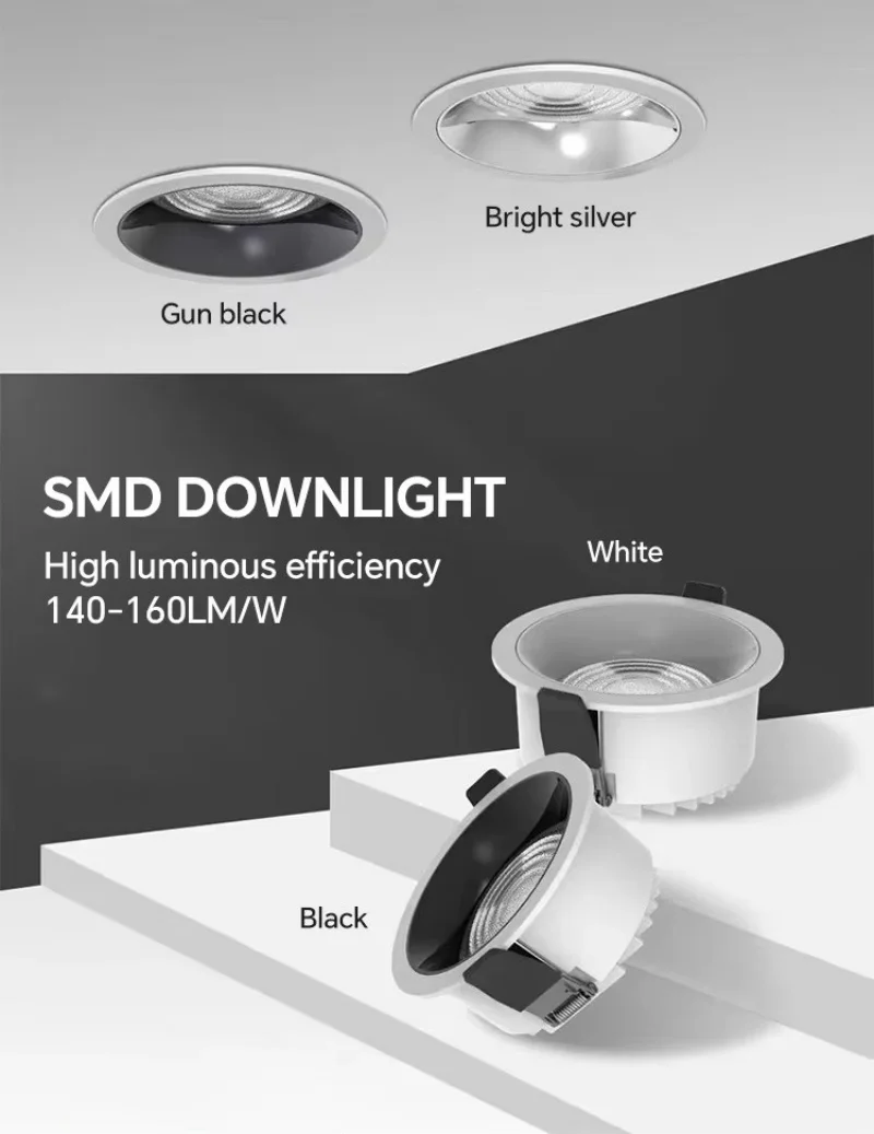 고휘도 7W 10W 12W 15W 매립형 COB LED 다운라이트 디밍 가능 눈부심 방지 스팟 조명 (통합 루멘 120-160Lm/W)
