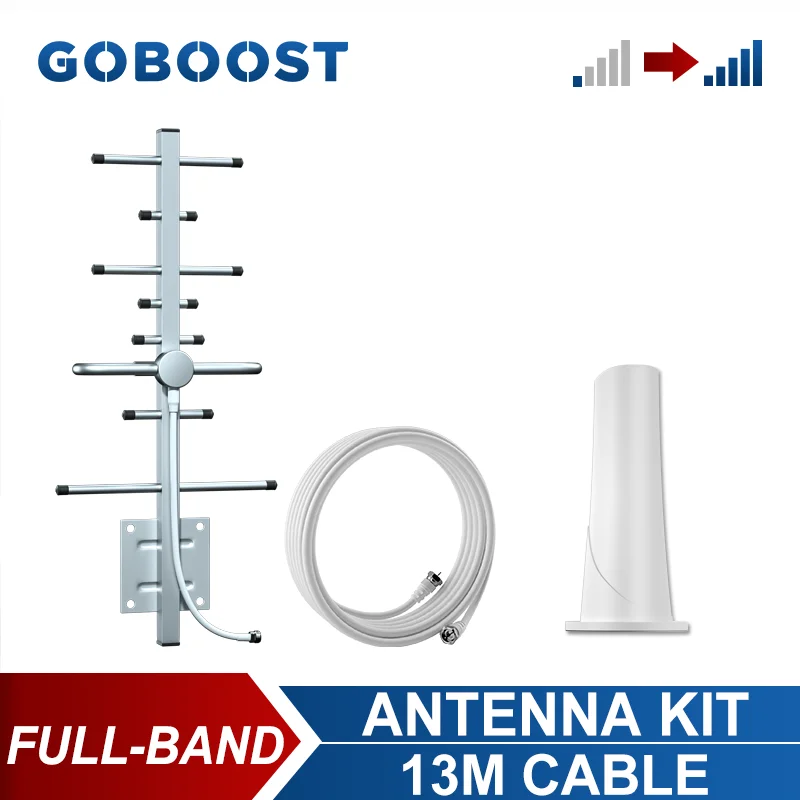 GOBOOST 풀밴드 2G 3G 4G 12dBi 야외 야기 안테나 로드 실내 안테나 및 13M 동축 케이블 안테나 키트 (신호 증폭기용)