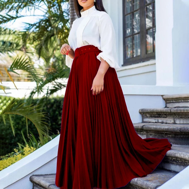 

Elegant Women Long Skirt Ladies Temperament Big Hem Pleated Skirt Casual High Waist Sashes Wine Red Green Black Skirts