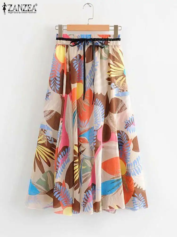 

ZANZEA Vacation Bohemian Printed Skirt Summer Casual Faldas Holiday Fashion Jupes Beach Elastic High Waist Women Loose Skirts