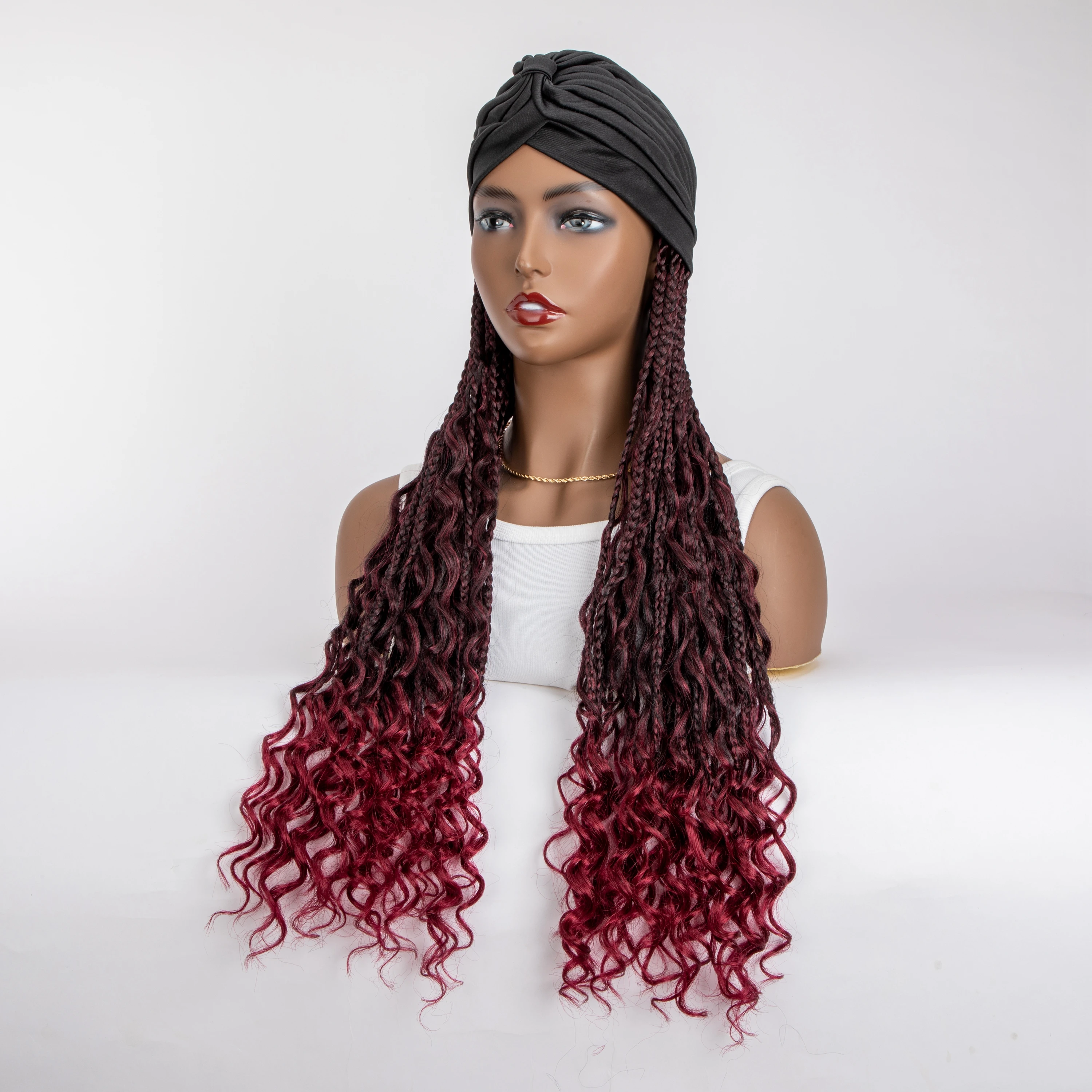 WIGERA 20&ldquo; Ombre Black Burgundy Boho Box Braided Synthetic Headband Wig With Turban Hat Braiding Hair Extensions For Black Women