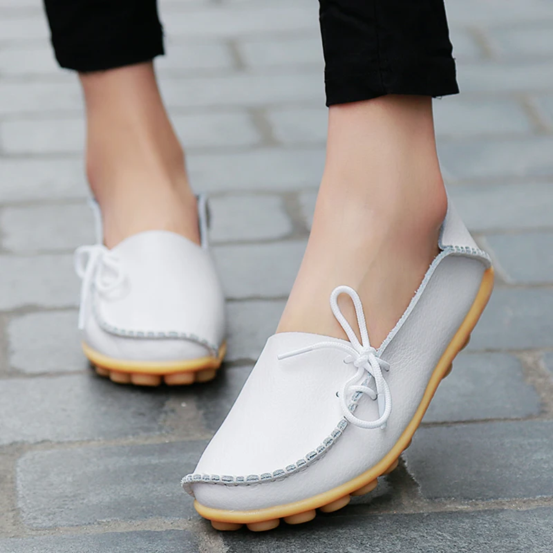 Women Flats Genuine Leather Oxford Moccasins Slip On Bowtie Plus Size women shoes,women flats