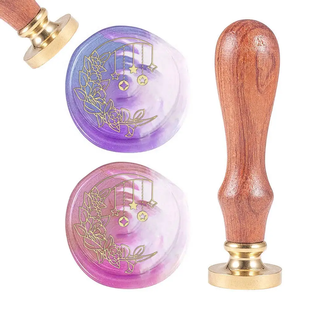 

1PC Wax Seal Stamp Moon Flower Vintage Wax Sealing Stamps Retro 25mm Removable Brass Head Wooden Handle for Envelopes