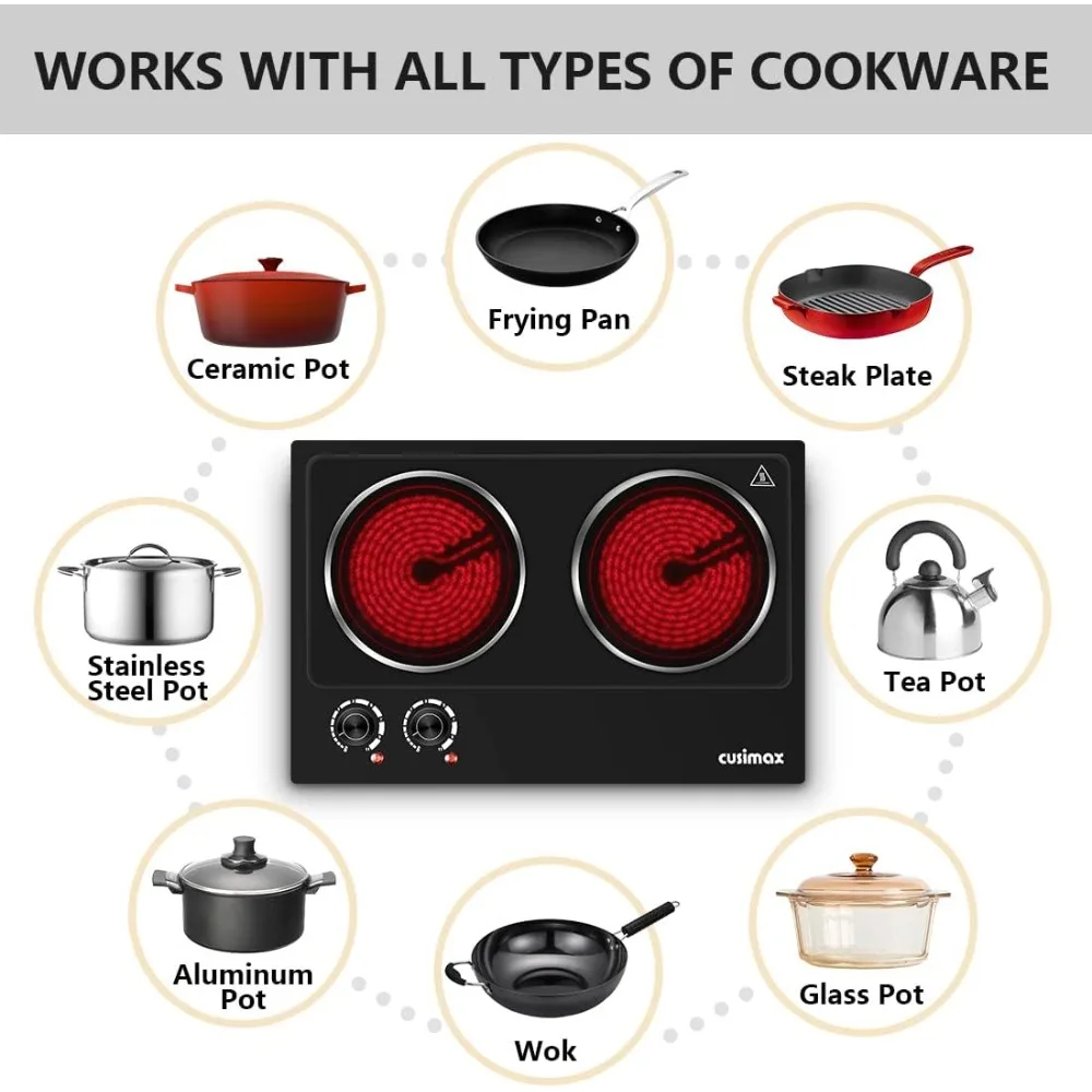 Burner, 1800W Ceramic Electric Hot Plate for Cooking, Dual Control Infrared Cooktop, Portable Countertop Burner, Glass P 2