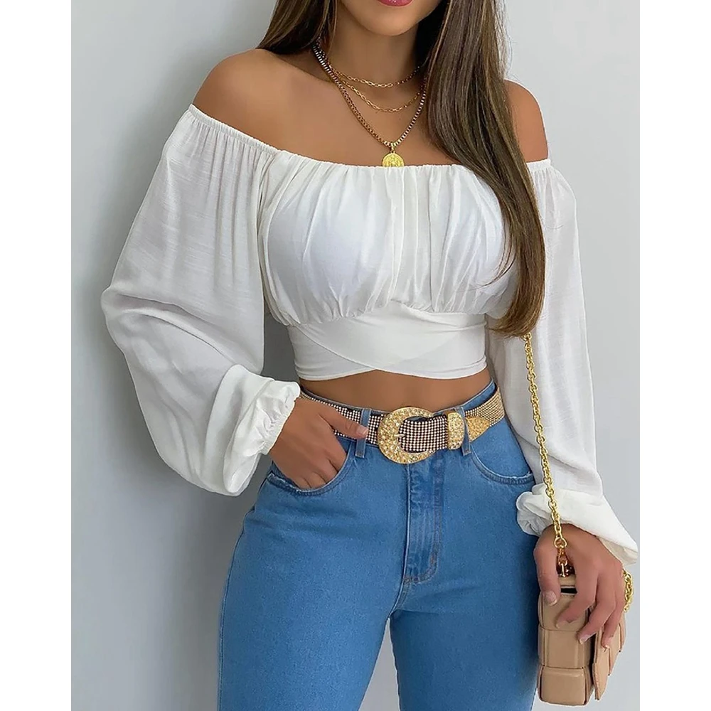 Women Off The Shoulder White Shirts Ruched Crop Top Sexy Lantern Sleeve Blouse Fashion Casual Tied Back Detail Summer 2024 zaful women s metal o ring decor bandeau solid color ruched lace up back cheeky high cut swimwear bikini set m deep coffee