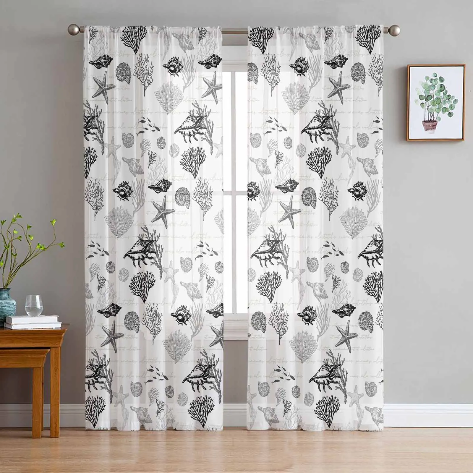 

Starfish Shell Coral Vintage Black Grey Sheer Curtains for Kids Bedroom Living Room Voile Window Curtains Tulle Drapes
