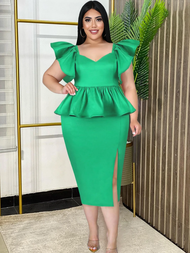 Plus Size 4xl Green Party Dresses Women Sexy V Neck Ruffles Slit Roves