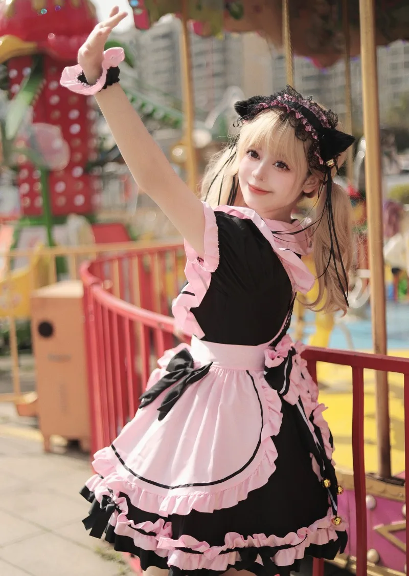 Anime Gothic Lolita JSK Kleid Kurzarm Kawaii Bow Maid Cosplay Harajuku Cute Pink Black 8