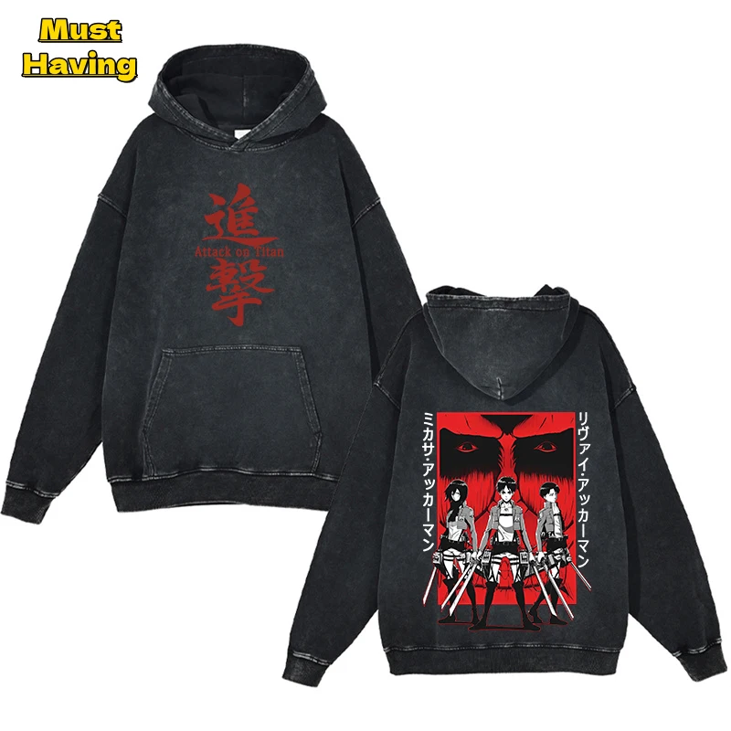 

Anime Attack on Titan Hoodies for Men Women Black Vintage Washed Cotton Pullovers Tops Casual Loose Hooded Sweatshirts Outerwear