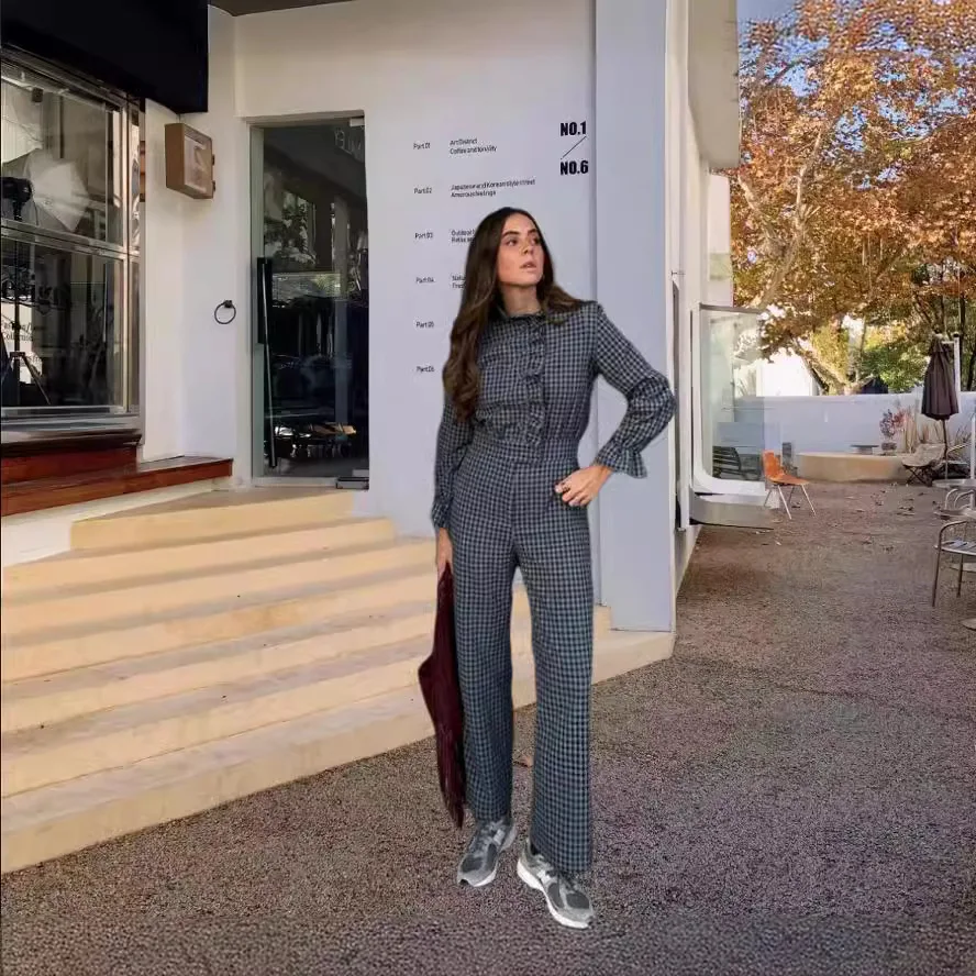 Fashion Vintage Plaid Buttons Jumpsuit For Women Chic O Neck Long Sleeve Jumpsuits 2024 Spring New Female High Waist Streetwear