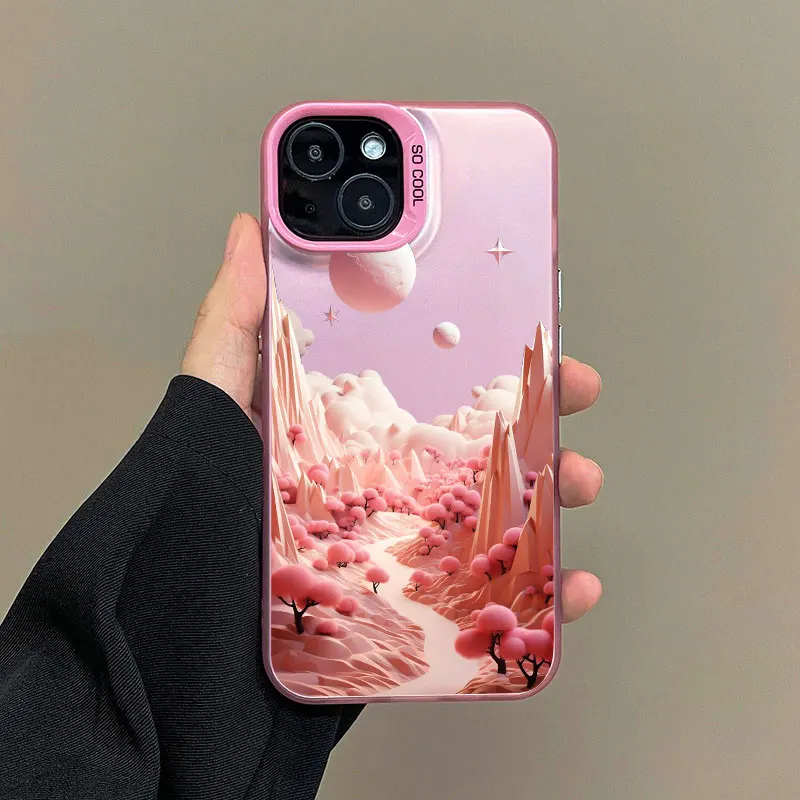 Creative Mountains Landscape Scenery Pink Shockproof Laser Phone Case
